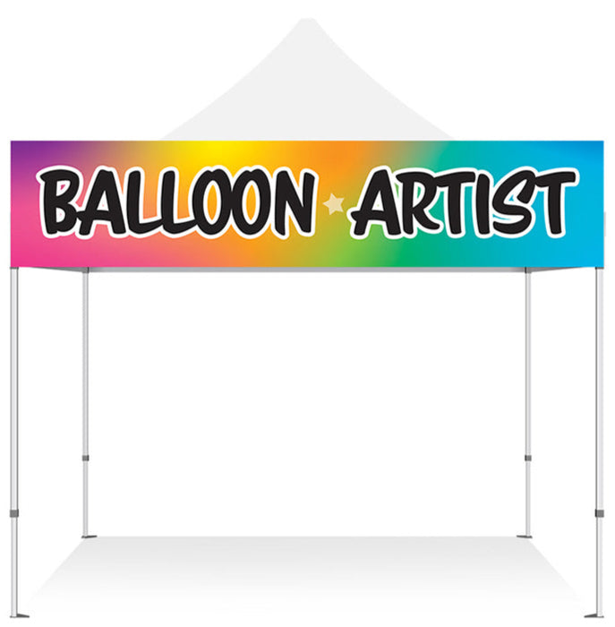 2x10 balloon artist banner displayed on a. white festival tents