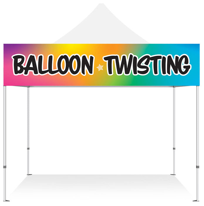 2x10 ft balloon twisting banner displayed on a white festival tent