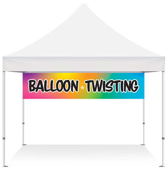 2x10 ft balloon twisting banner installed in the back of the festival tent