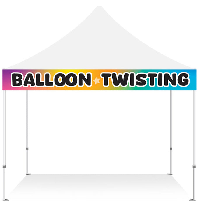 1x10 balloon twisting banner on a white festival tent
