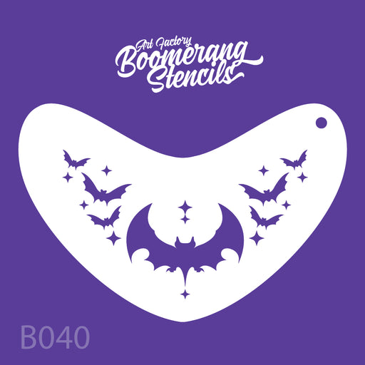 Boomerang stencils product with bat design on a purple background