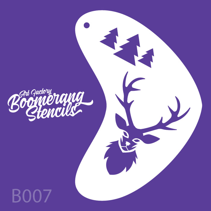 Boomerang stencil with deer design on a purple background