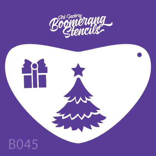 Boomerang shaped stencils of a christmas tree and gift box design 