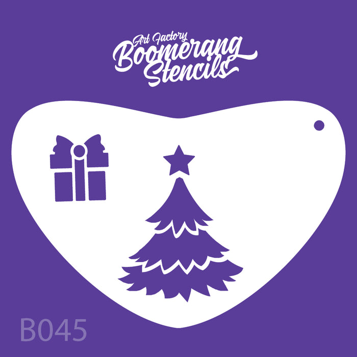 Boomerang shaped stencils of a christmas tree and gift box design 