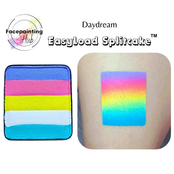 Daydream EasyLoad Splitcake face paint in a square compact, showing a multicolor split rainbow design. The compact features horizontal stripes of blue, pink, yellow, white, and light blue.
