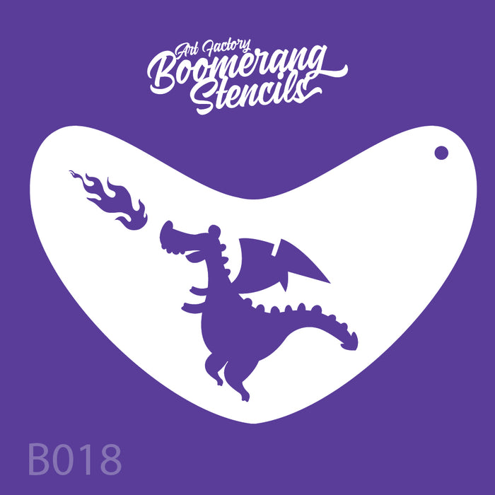 Boomerang stencil with dragon design on a purple background