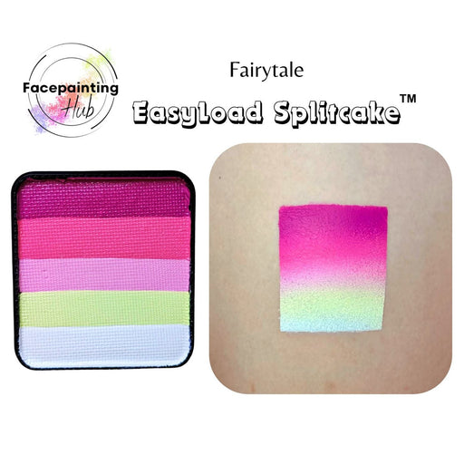 A face paint cake product shown on a white background with the brand name Facepainting Hub and product line text 'Fairytale EasyLoad Splitcake'. The left side shows the square cake pan with horizontal color bands in magenta, pink, light pink, pale yellow-green, and white.