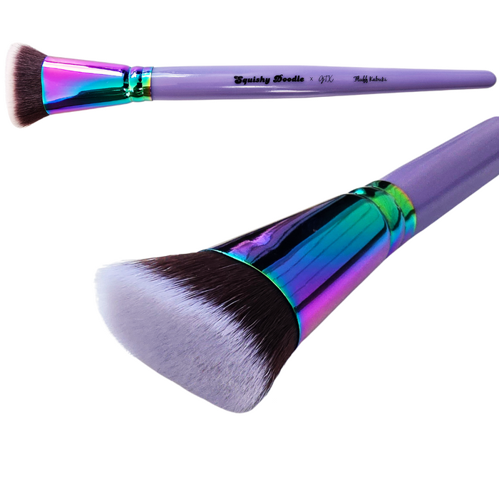 Two makeup brushes on a white background with the text 'Fluff Kabuki (1.5" x 3/4")' below.