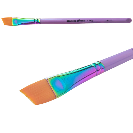 A purple flat-frixx angle paintbrush shown from two angles on a white background, with iridescent rainbow metal ferrule and orange bristles. Text below reads 'Frix 1/2" Angle'.