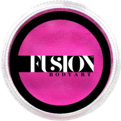 A close-up of a round makeup pot containing bright hot pink body art powder, with the brand name 'FUSION BODYART' printed on the front over a black circular background.