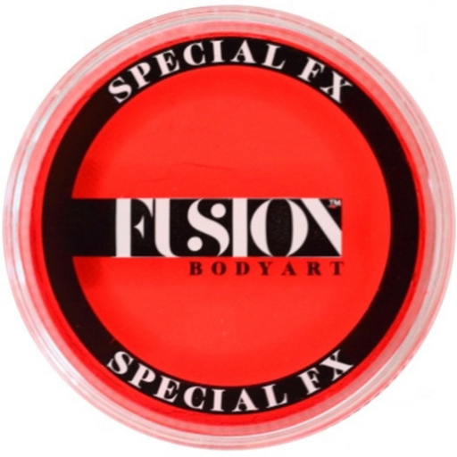 A close-up of a round plastic pot of red special effects body art paint with a black and white label reading 'SPECIAL FX FUSION BODYART'.