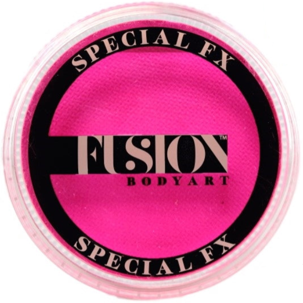 A round container of bright neon pink special FX makeup by Fusion Bodyart, shown on a white background with a smaller circular product view, two UV-light color swatches, and the Fusion Bodyart logo.