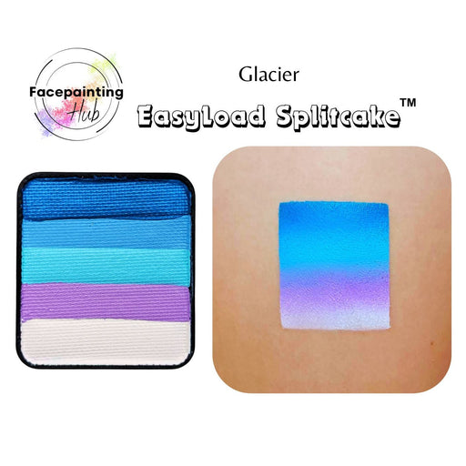 A face paint swatch product labeled 'Glacier' from Facepainting Hub, showing a square compact with blue, cyan, purple, and white horizontal paint layers next to a skin swatch demonstrating the split-color effect.