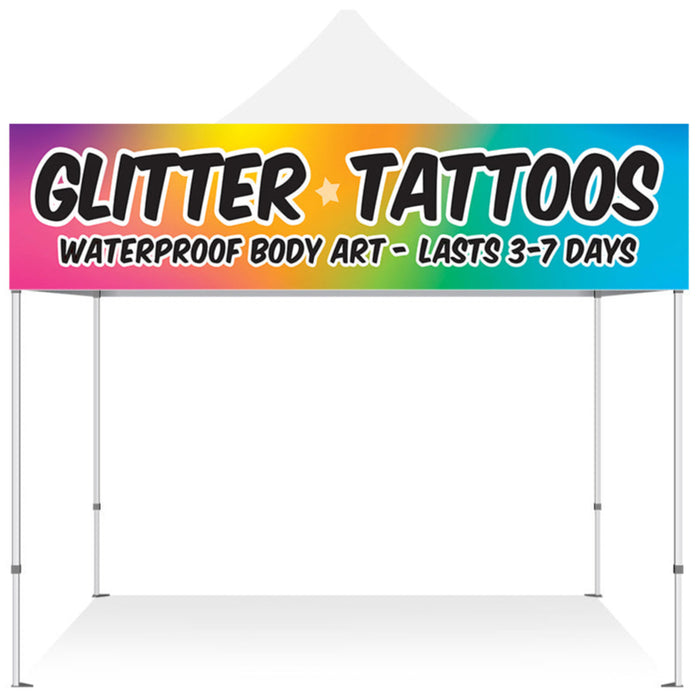 Glitter Tattoo Banner installed on white festival tent