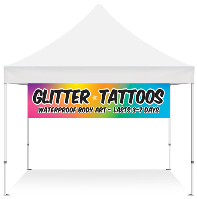 Glitter tattoo banner installed on festival tent