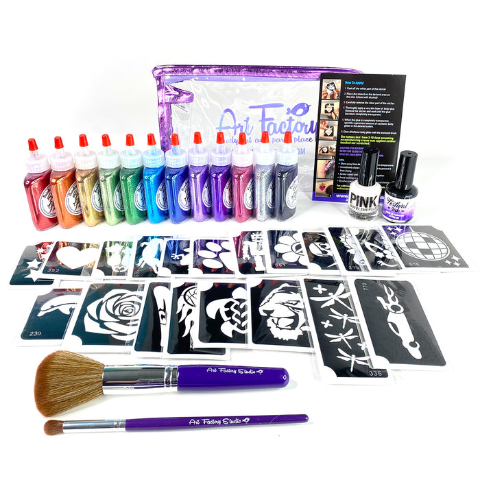 Pro Glitter Tattoo Kit — 100 Stencils, 12 Poof Glitters + Festival Ink (Art Factory)