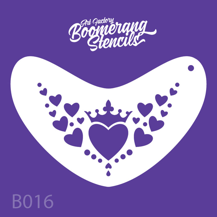 Boomerang stencil with heart and crown design on a purple background