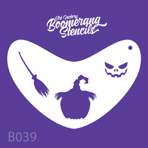 Halloween-themed stencil with pumpkin, broom, and ghost design on a purple background 