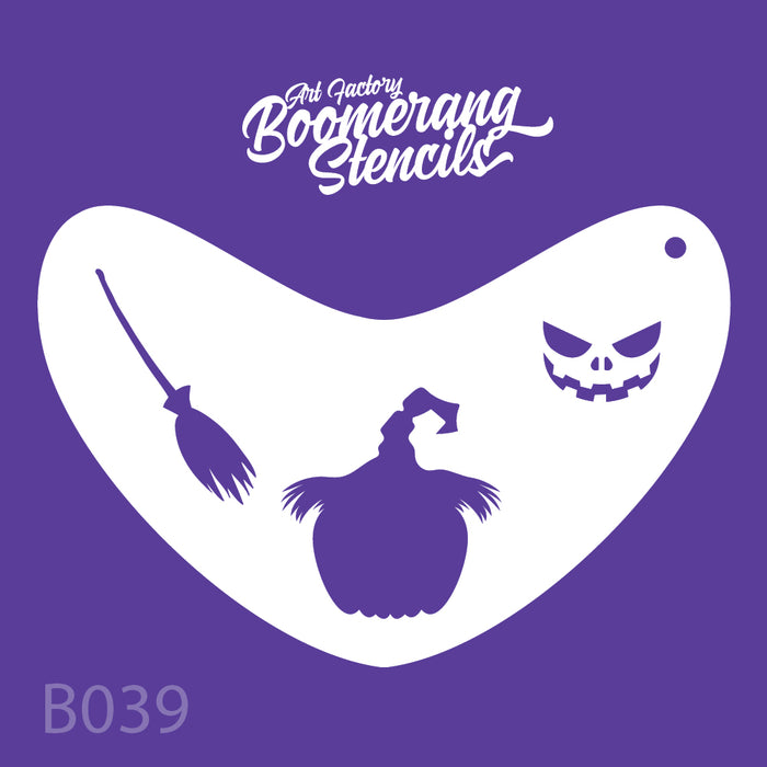 Halloween-themed stencil with pumpkin, broom, and ghost design on a purple background 