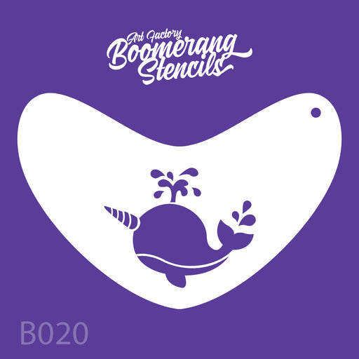 Boomerang stencil with narwhale design on a purple background