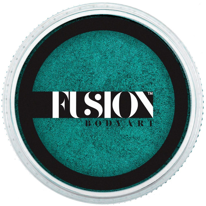 Teal body paint container with Fusion Body Art logo on a white background