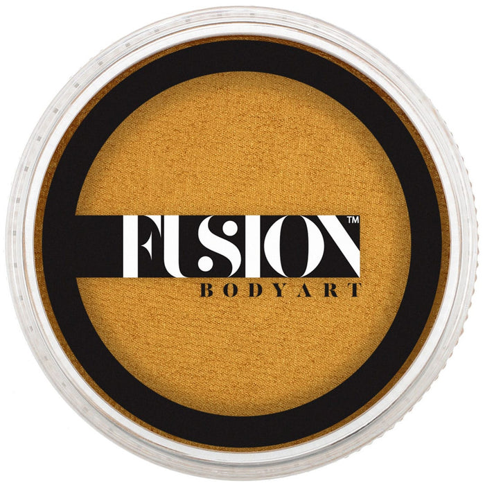 Gold paint pot with Fusion Body Art logo on a white background