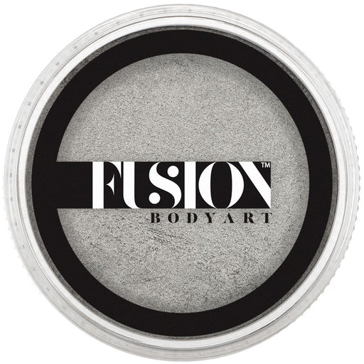 Silver makeup compact with 'Fusion Body Art' logo on a white background