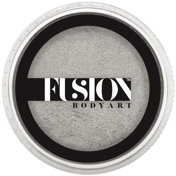 Silver makeup compact with 'Fusion Body Art' logo on a white background