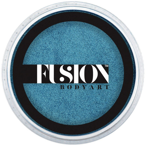 Blue body paint container with Fusion Body Art logo on a white background