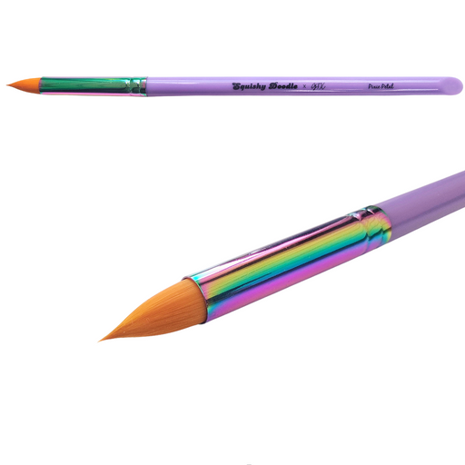 Two views of a fine paint brush labeled Pixie Petal (Petal #6) on a white background, showing the purple handle, orange bristles, and iridescent metallic ferrule.