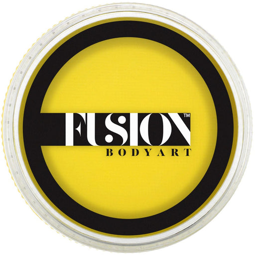 Yellow paint pot with 'Fusion Body Art' logo on a white background