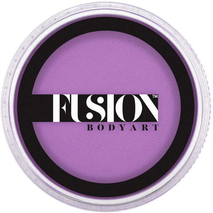 Purple makeup powder in a container with 'Fusion Body Art' branding on a white background