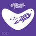 Boomerang stencil with rocket design on a purple background