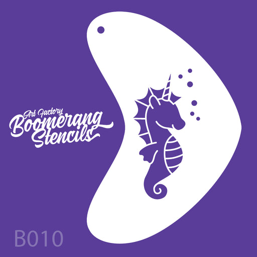 Boomerang stencil with seahorse design on a purple background