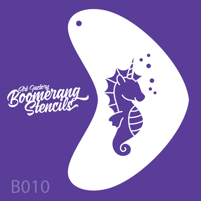 Boomerang stencil with seahorse design on a purple background