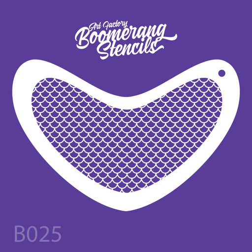 Boomerang stencil with fish scale pattern on a purple background
