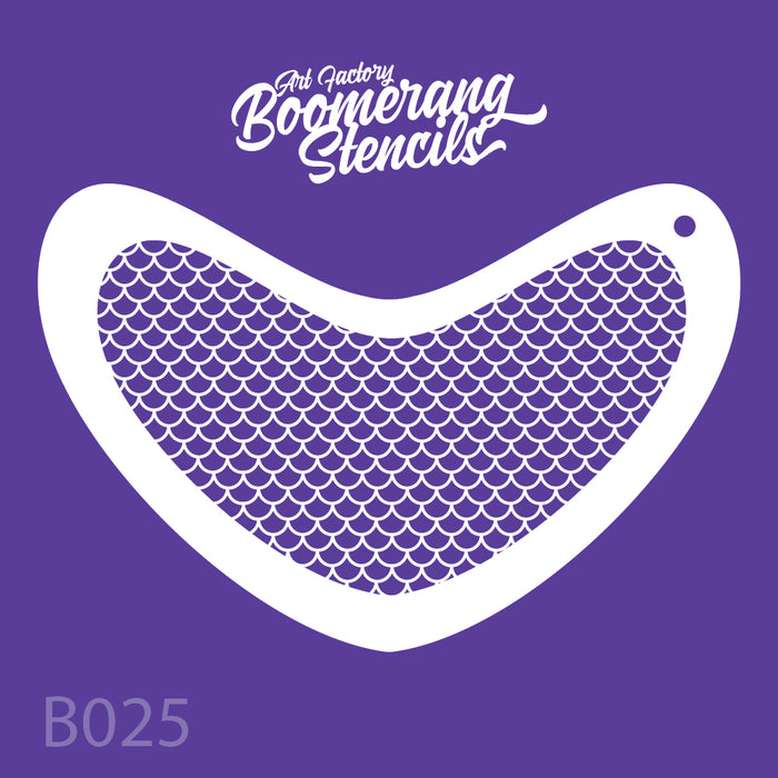 Boomerang stencil with fish scale pattern on a purple background