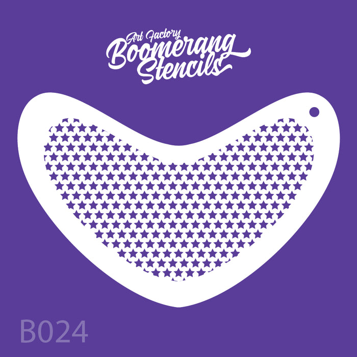 Boomerang stencil with small star pattern on a purple background