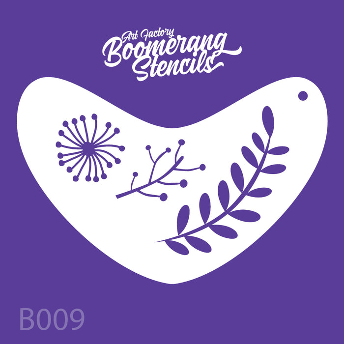 Boomerang stencil with floral designs on a purple background