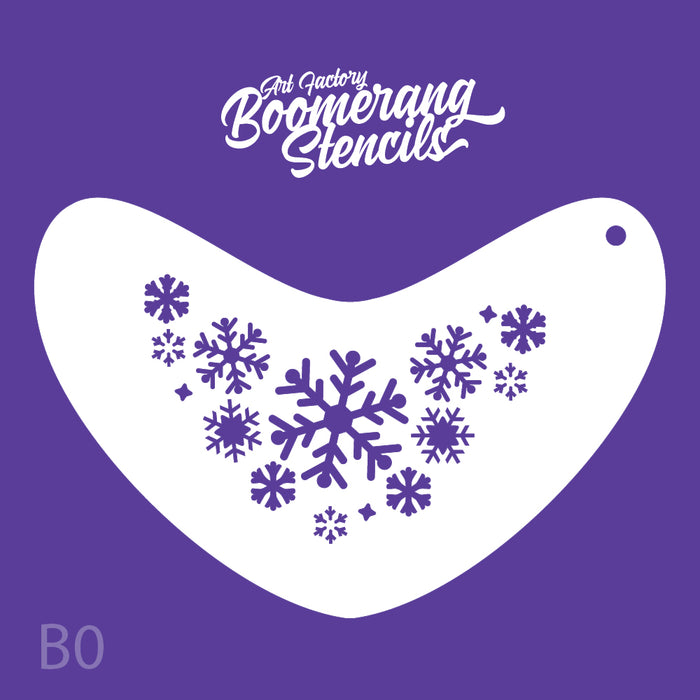 Snowflakes of varying sized on a boomerang shaped stencil 