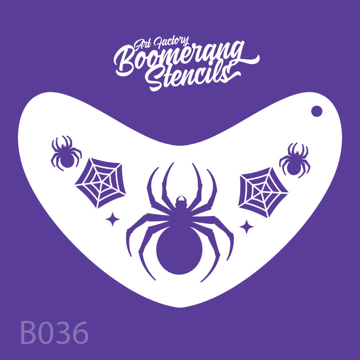 Boomerang stencil with spider and web designs on a purple background
