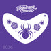 Boomerang stencil with spider and web designs on a purple background