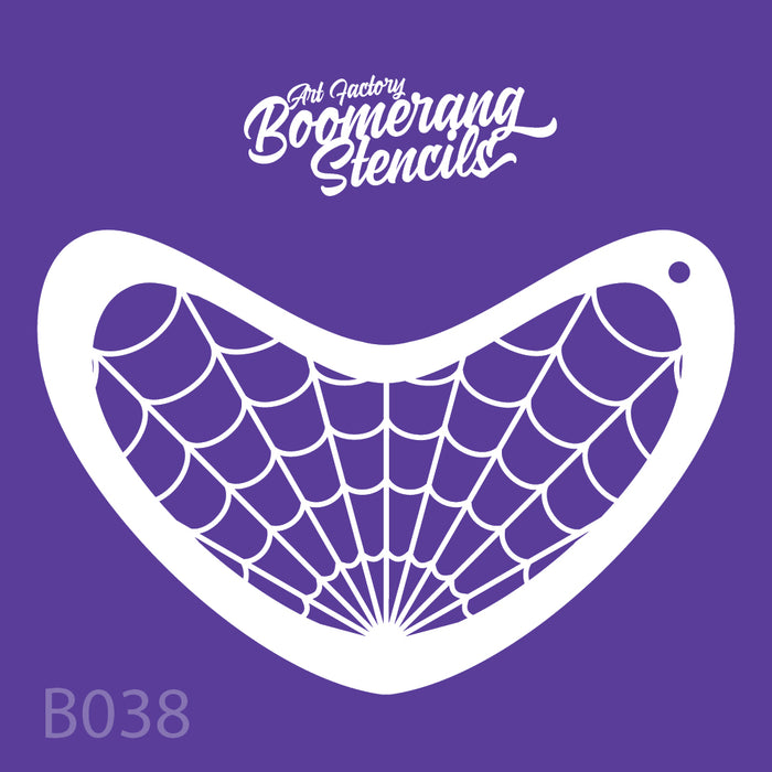 Boomerang stencil with spider web pattern on a purple background
