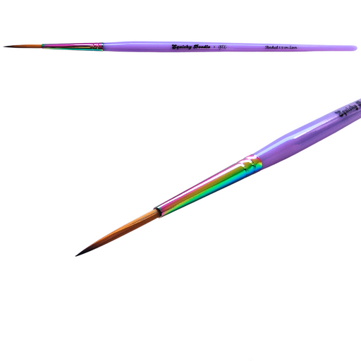 Two fine paint brushes with light purple handles and iridescent rainbow ferrules, shown on a white background with the text 'Stardust 1.9cm Liner' below.