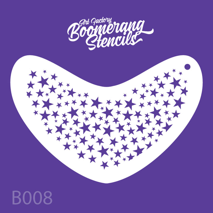 Boomerang stencil with star pattern on a purple background