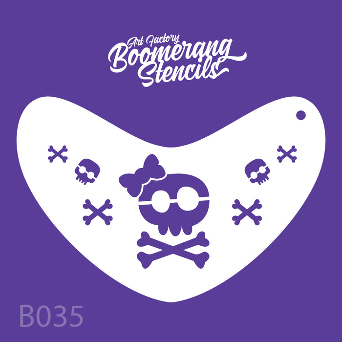 Boomerang stencil with skull and crossbones design on a purple background
