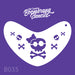 Boomerang stencil with skull and crossbones design on a purple background