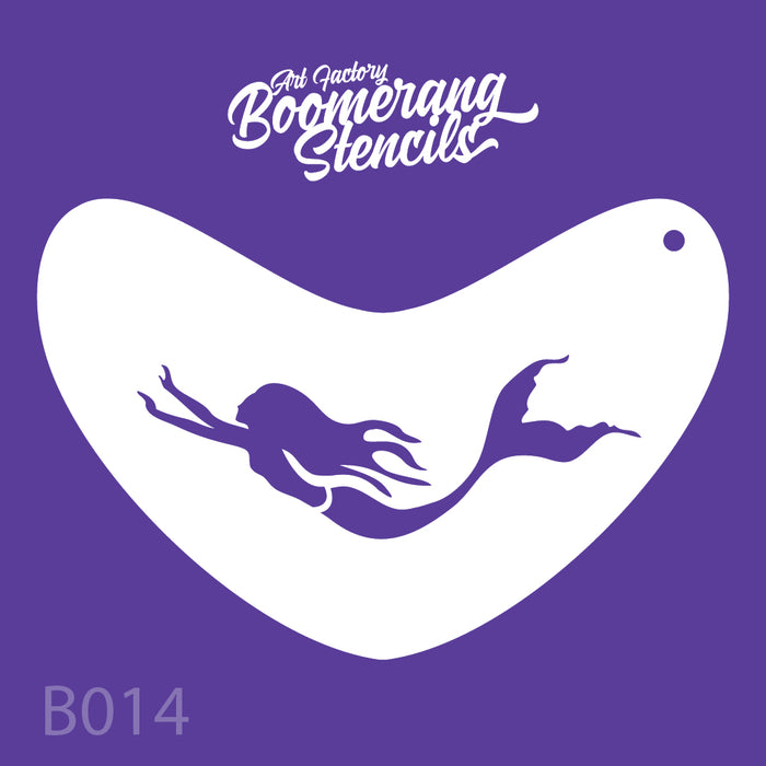 Boomerang stencil with mermaid design on a purple background