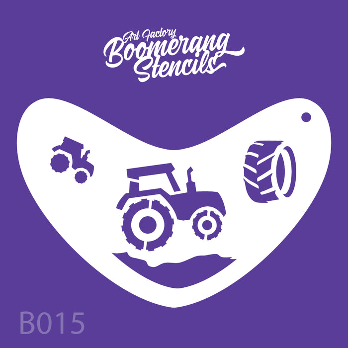 Boomerang stencil with tractor design on a purple background