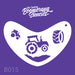 Boomerang stencil with tractor design on a purple background